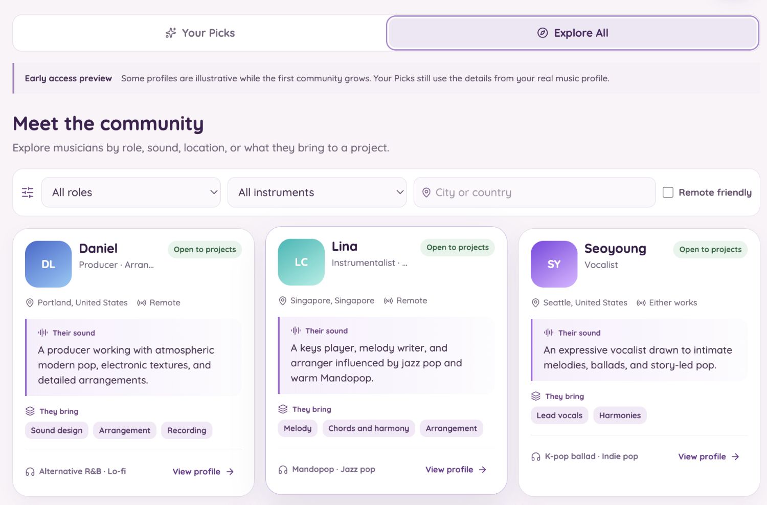 Meet the community: browse musicians by role, instrument, location, and remote preference