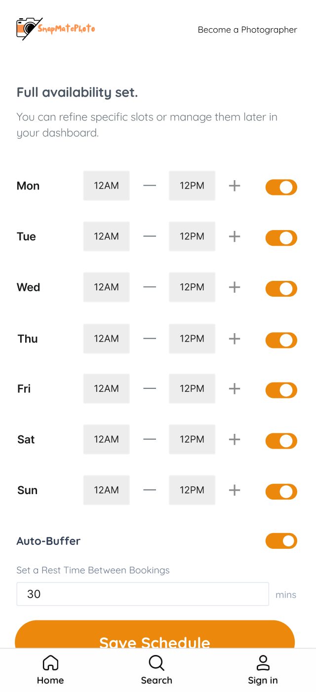 Full availability set: per-day time blocks, auto-buffer, and rest time between bookings