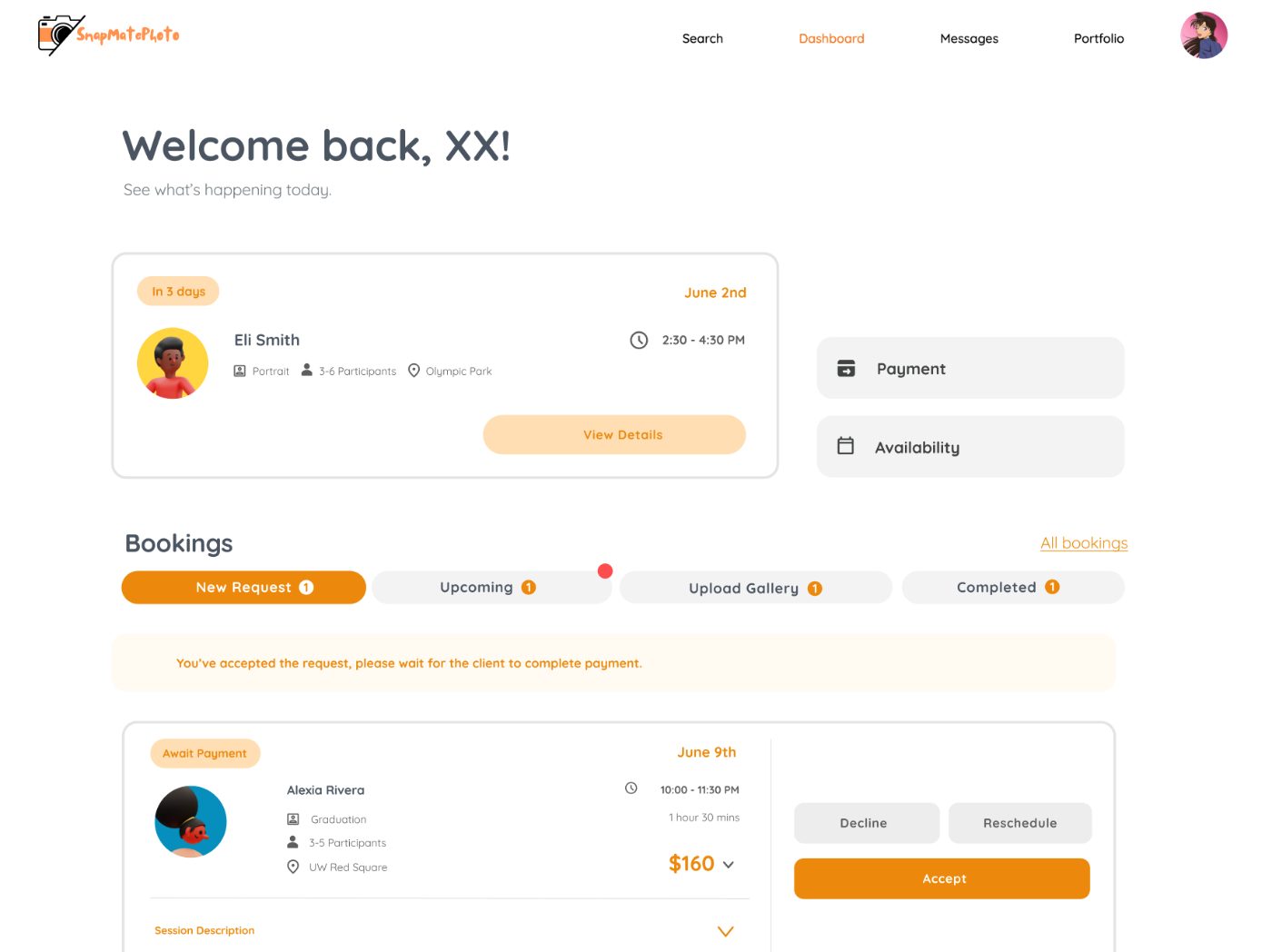 The new dashboard: next session surfaced at the top, four booking tabs, and explicit status states