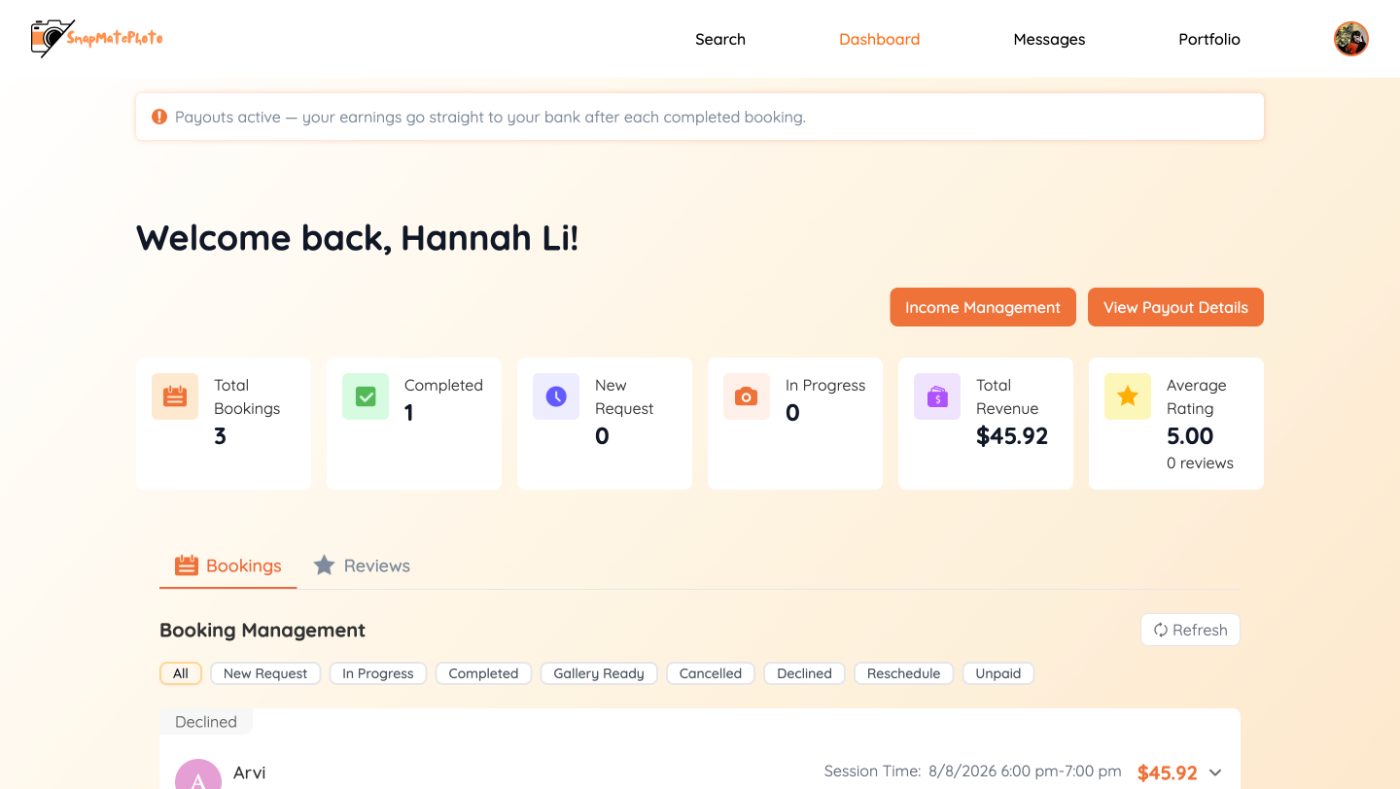 The live photographer dashboard: summary stats and a filter row, with no upcoming-first ordering
