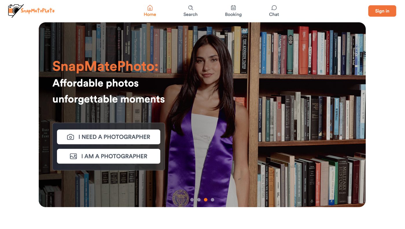 v1 homepage hero: icon nav, full-bleed photo, two CTA buttons