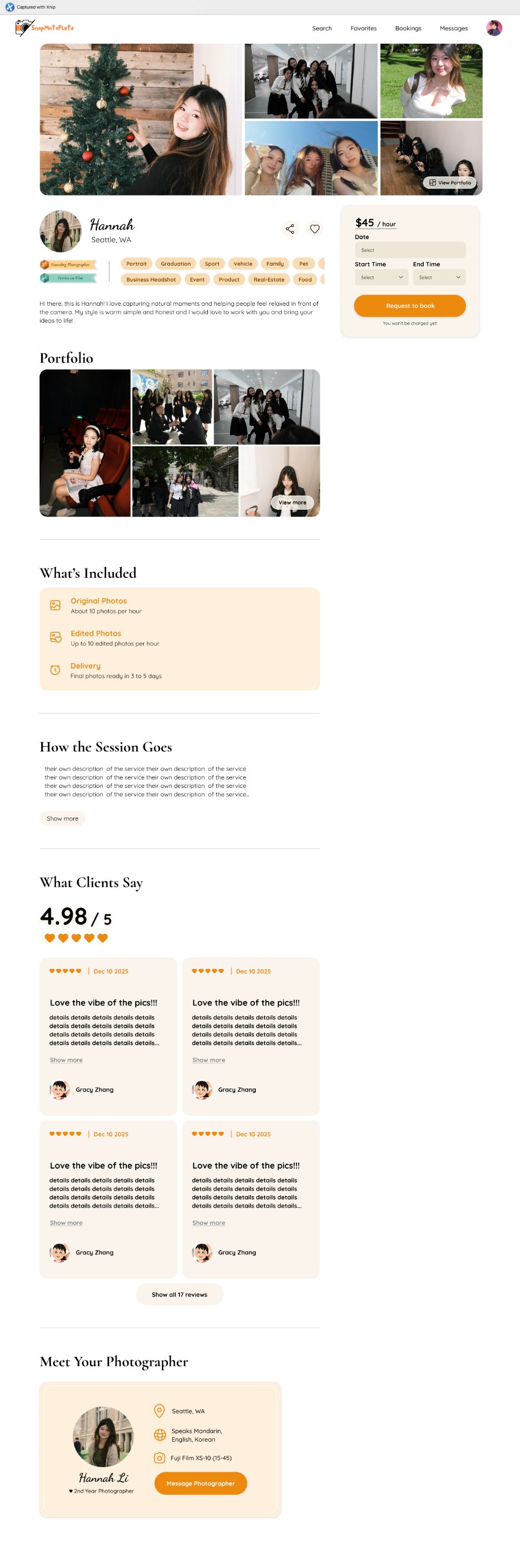 Photographer profile page: hero gallery, badges, portfolio, what's included, reviews, booking panel